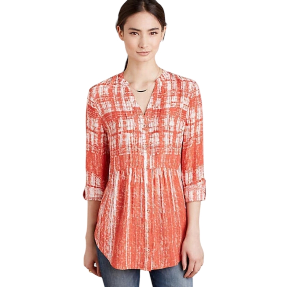 Maeve Anthropologie Calia Orange White Print Button Front Tunic Size 8